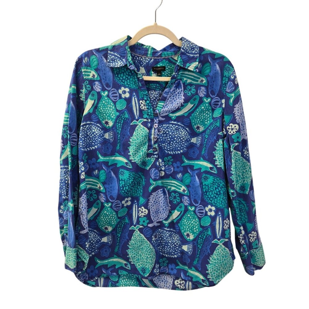 Talbots Fish Print Half Button Textured Popover B… - image 1